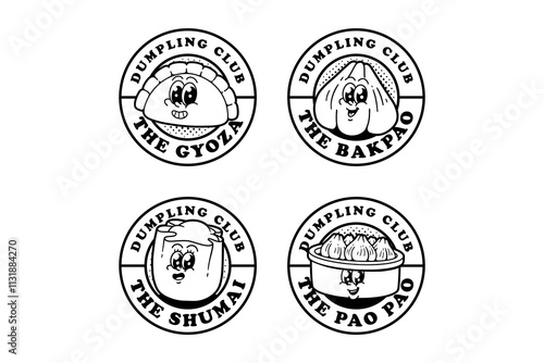 shumai, gyoza, ba pao, steam basket bowl  outline cartoon character mascot illustration badge logo design set for food, snack, restaurant, cafe mascots and merchandise