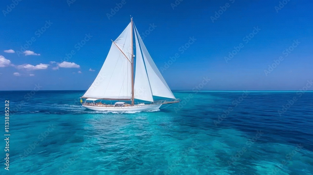 Naklejka premium Aerial View Sailboat on Turquoise Ocean Summer Vacation Luxury Yacht Tropical Getaway