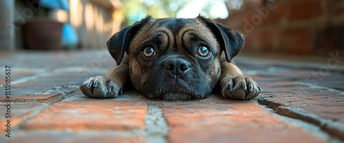 Adorable Pug Mix Puppy Lying on Brick Pavement photo