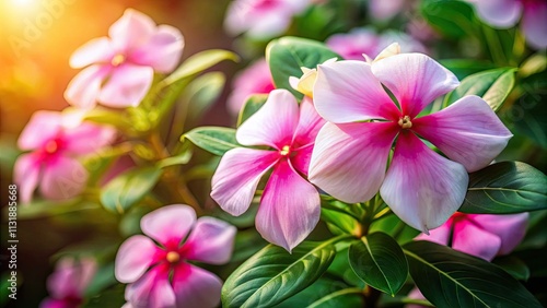 Madagascar Periwinkle Flowers, Catharanthus roseus, Pink and White Blooms, Close-up Photography, Candid Shot, Floral Photography, Nature Photography photo