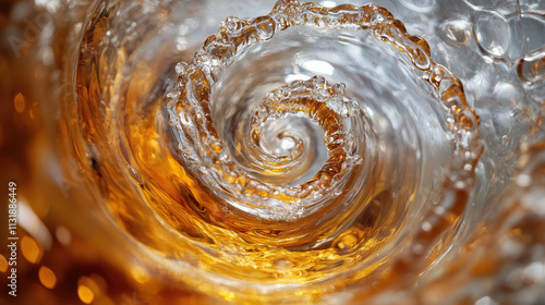 Top View of Spiraling Whisky Splashes on Glass: Dynamic Close-Up photo