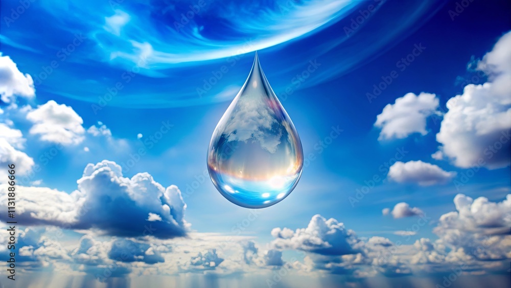 Fototapeta premium A single, large drop of water reflects a vibrant sky filled with fluffy white clouds