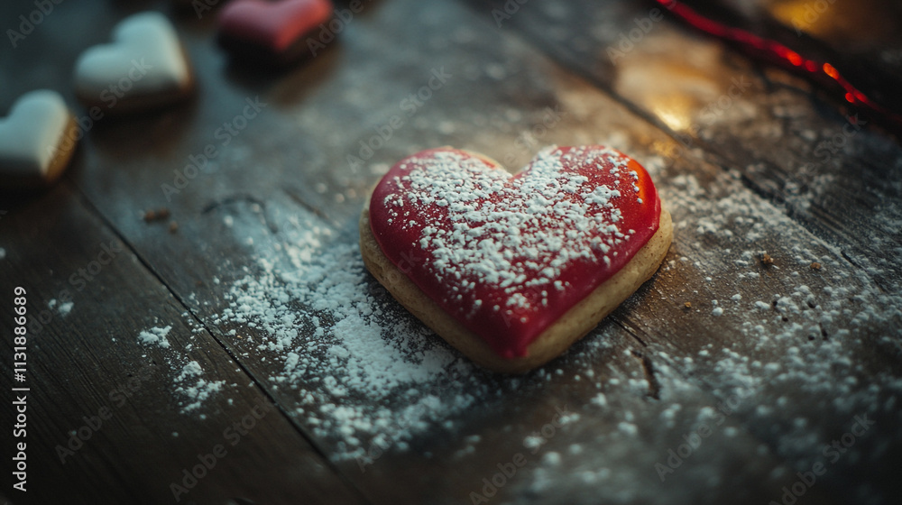 Fototapeta premium Heart-shaped cookie decorated with red icing and powdered sugar for Valentine's Day celebration