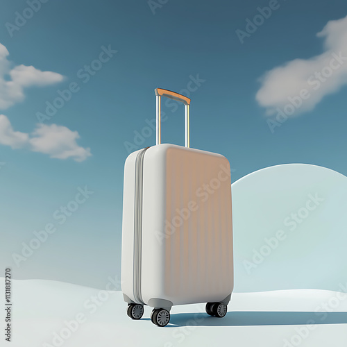 sleek, modern carry on bag with wheels stands against serene sky. Its minimalist design and smooth surface make it ideal travel companion for any journey