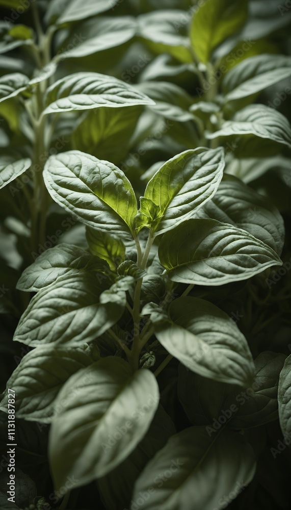 Obraz premium A close-up of fresh basil leaves lit by soft natural light. The vibrant green leaves show detailed veins and a glossy texture. This herb commonly used in culinary dishes. Generative AI
