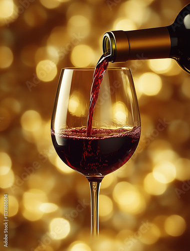 Close-Up of Red Wine Poured from a Bottle into a Glass with a Luxurious Golden Background photo