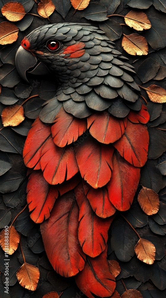 Obraz premium Intricate parrot carving amidst autumn leaves.