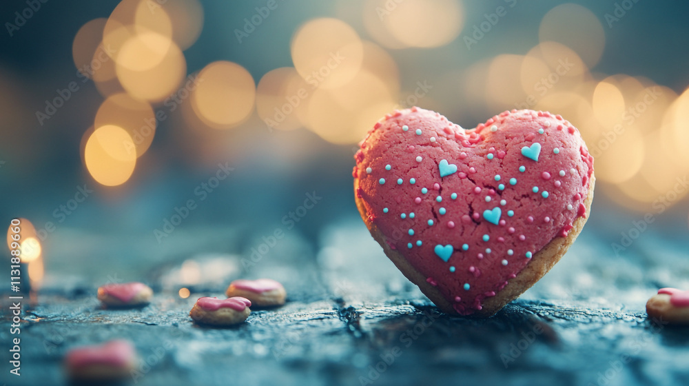Fototapeta premium Heart-shaped cookie decorated with frosting and sprinkles for Valentine's Day celebration