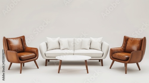 Wallpaper Mural White sofa and brown leather armchairs in a mid-century modern living room with minimalist and inviting interior design Torontodigital.ca
