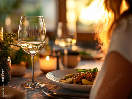 Woman Enjoying a Cozy Dinner Party in a Candlelit Dining Room, Stylish Celebration, Memorable Evening photo