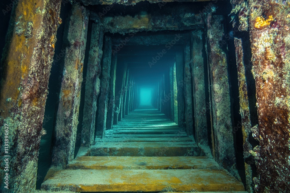 Fototapeta premium Underwater view of a submerged structure creating depth.