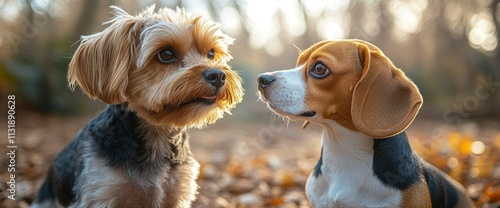 Adorable Yorkshire Terrier and Beagle Puppies in Autumn Woods