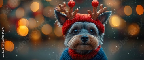 Adorable Yorkshire Terrier Puppy in Festive Reindeer Antlers and Knitwear for Christmas