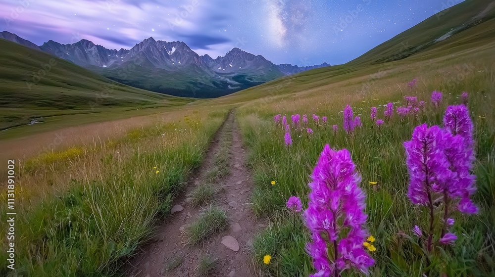 Obraz premium Majestic Mountain Path Night Sky Wildflowers Milky Way