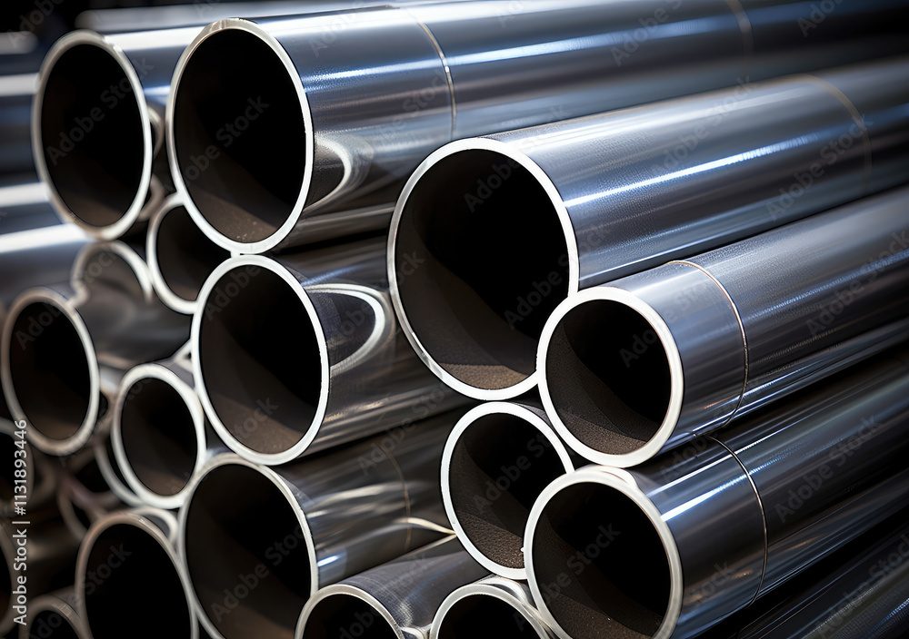 Fototapeta premium Shiny Industrial Metal Pipes Stacked Together