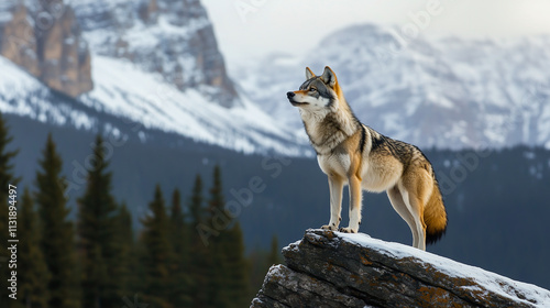 A wolf standing watch over a natural landscape of snowy mountains and forest photo