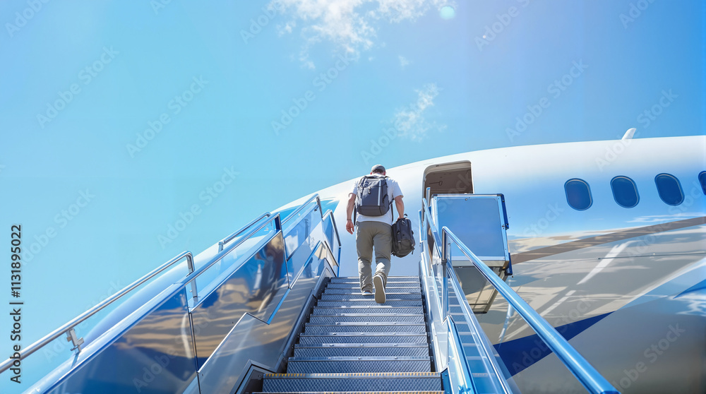 Fototapeta premium Way to the plane. Passenger boarding airplane with carry-on bag and backpack, travel excitement concept