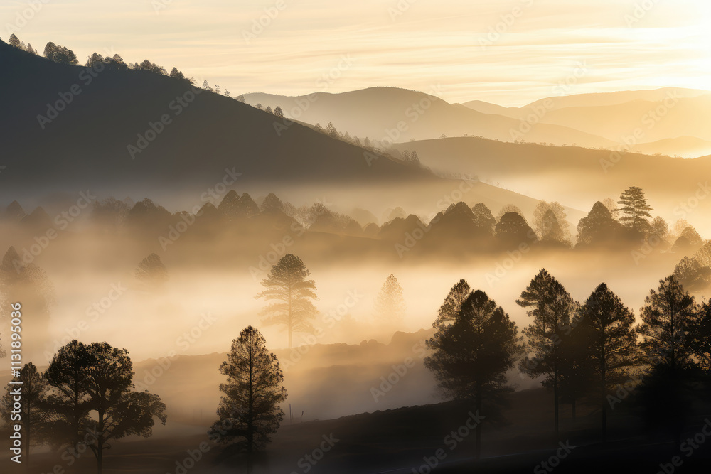 Obraz premium Sunrise Mist Over Serene Mountain Valley