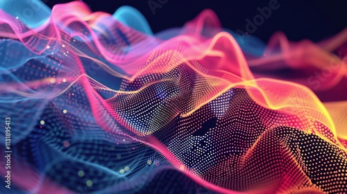 Abstract wave digital background formed by technology stylized particles, AI generated image photo