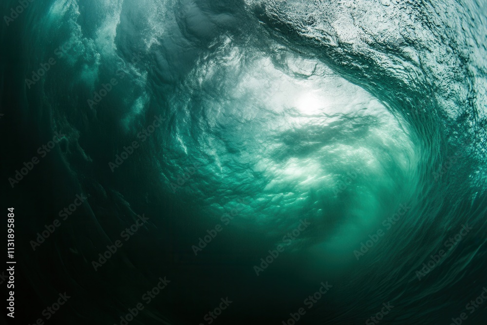 Fototapeta premium Underwater view of a swirling ocean wave.