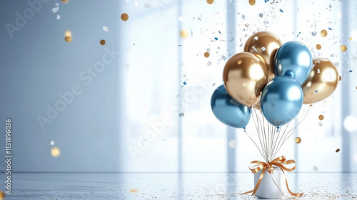 olden and blue metallic balloons, confetti and ribbons