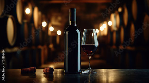 Red Wine Glass Next to Black Wine Bottle in a Dimly Lit Wine Cellar, Mysterious Feel photo