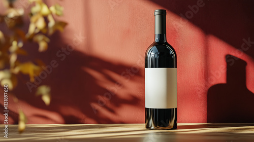 Red Wine Bottle Mockup with White Label on Landscape for Elegant Product Presentation photo