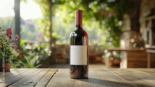 Premium Red Wine Bottle Mockup Featuring White Label in Elegant Landscape Setup photo