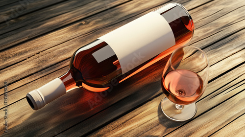 Super Realistic Mockup of a Tilted Bottle of Rose Wine with White Label on Craft Background photo