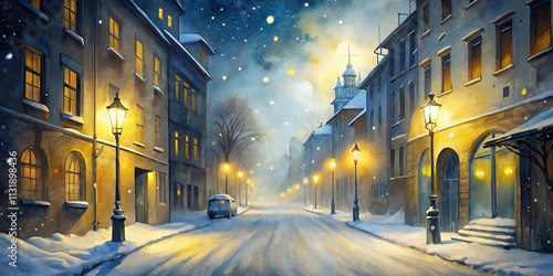 A serene winter evening on a snow-covered street, illuminated by warm lamplight reflecting off buildings