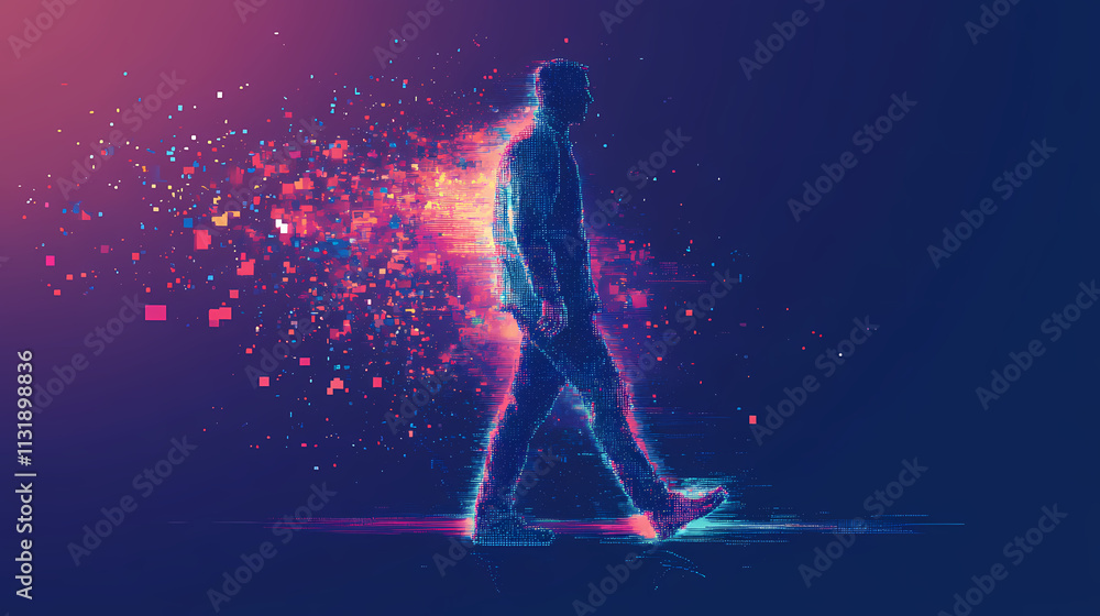 Naklejka premium Holographic pixelated man walking in digital future, futuristic ai technology. Flux. Illustration