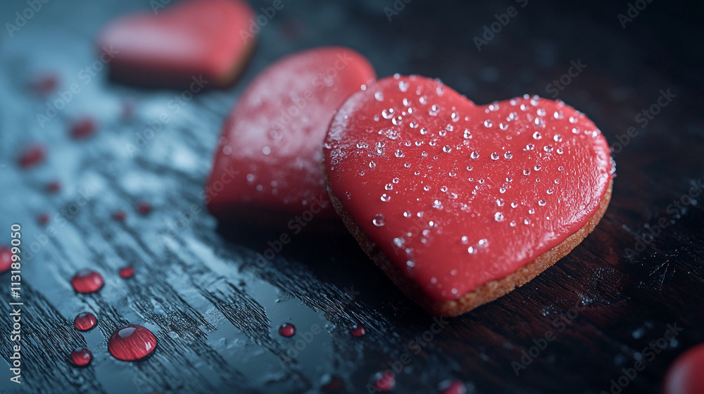 Obraz premium Red heart-shaped cookies decorated with droplets on a wooden surface for Valentine's Day celebration