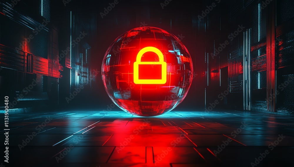 Obraz premium 3D rendering of a bright digital lock sign inside a round sphere on an abstract dark wallpaper, symbolizing internet data security with space for your logo