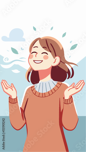 A woman who smiles with relief by spreading her hands, breathing in the fresh air 