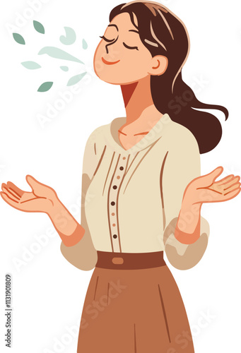 A woman who smiles with relief by spreading her hands, breathing in the fresh air 