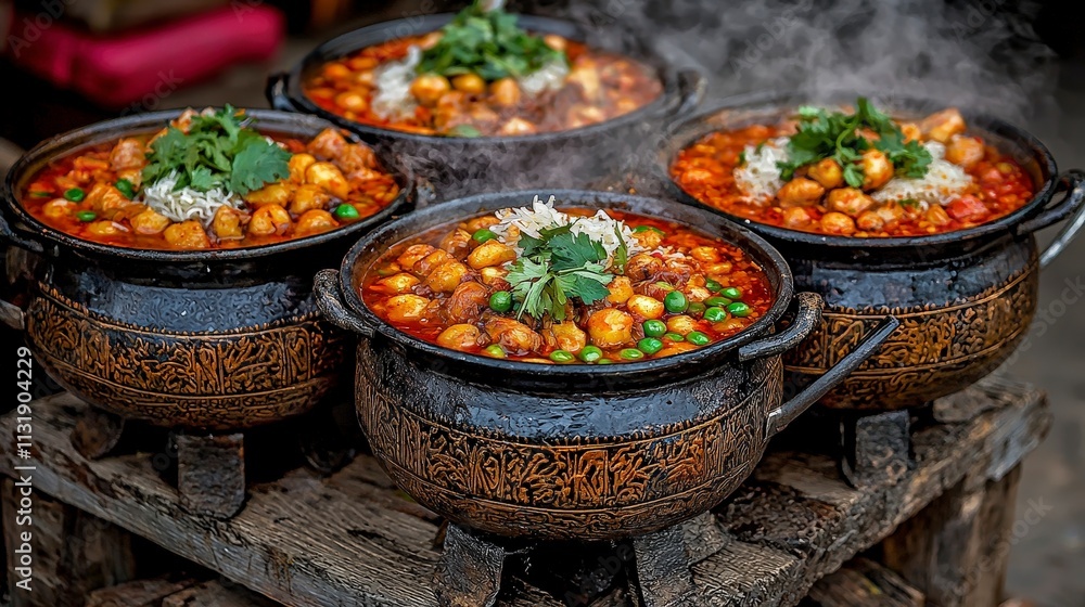 Fototapeta premium Steaming Hot Asian Street Food Pots Delicious Spicy Curry Night Market Cuisine