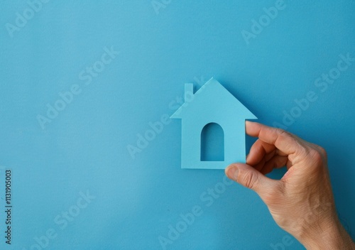 paper house cutout, hands, blue background, creativity, home concept, real estate, hand holding, minimalism, design inspiration, DIY project photo