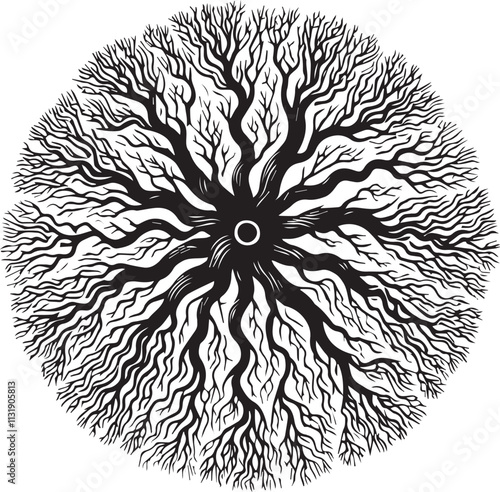 Roots spreading in concentric circles vector silhouette illustration