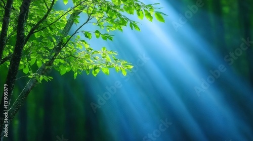 Sunbeams Through Forest Canopy  Tranquil Nature Scene