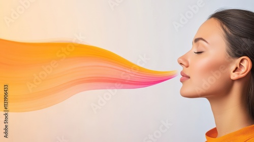 A serene profile of a woman exhaling colorful waves, symbolizing breath, energy, and calmness.