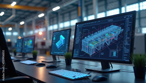 Fototapeta Naklejka Na Ścianę i Meble -  CAD design software displayed on computer monitors in industrial factory. Engineers technicians work on 3D models on multiple screens. Detailed tech drawing shows industrial structure. Factory