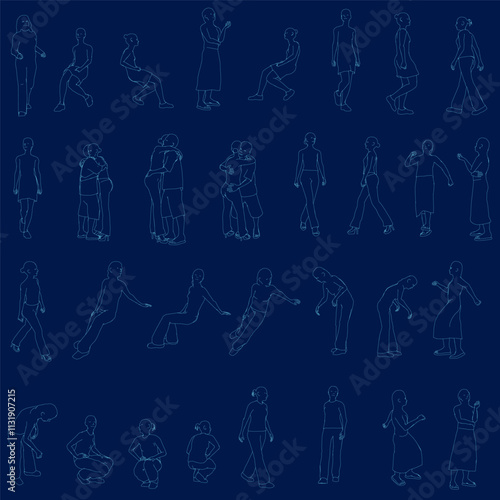 Set with people outlines in different positions from blue lines isolated on dark background. Men, women and children walking, running, standing, sitting. Vector illustration.