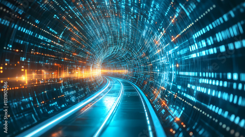 Fototapeta Naklejka Na Ścianę i Meble -  Digital data stream in a futuristic tunnel - high-resolution 3d illustration of a cyber tunnel with a dynamic array of glowing data points and geometric lines. Flux. Illustration