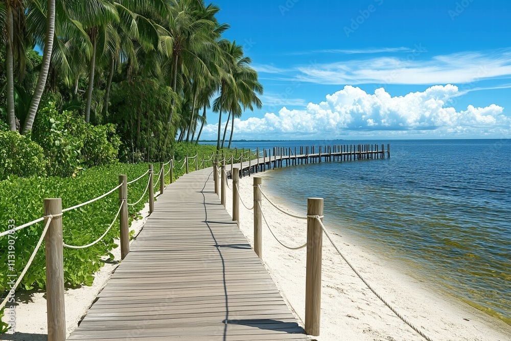 Obraz premium Serene Boardwalk Overlooking Tropical Paradise by Generative Ai