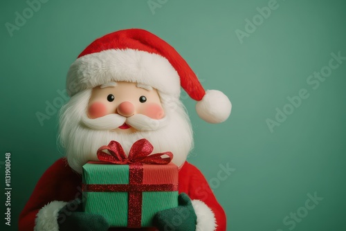 A friendly Santa Claus with rosy cheeks and a beard, carrying a gift wrapped in red and green paper, ideal for a minimalist gift card design. photo