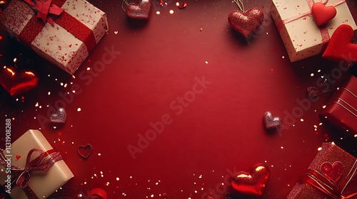 Red Valentine's Day Background and Gift Box with Decorations