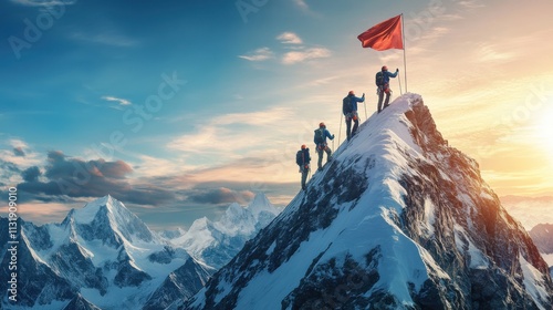 A group of people are standing on top of a mountain, with a red flag in the air