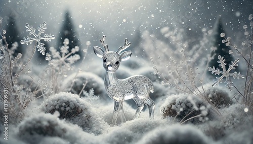 Ornate Crystal Fawn in a Frosted Winter Wonderland. A Scene of Elegance and Snowy Charm