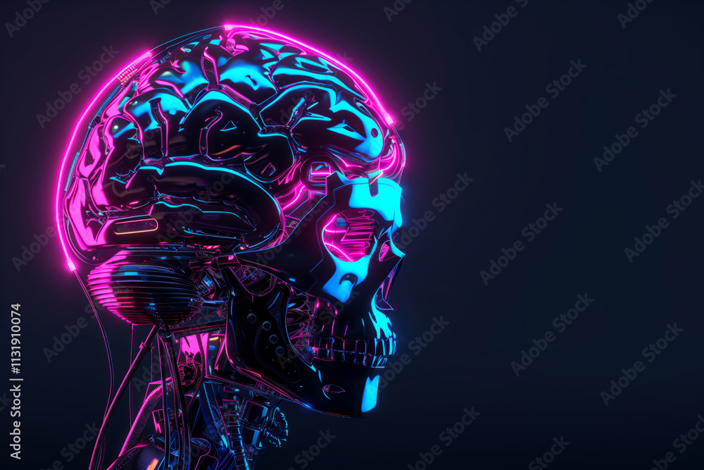 Obraz premium Chrome robotic skull with a glowing brain illustrating the concept of artificial intelligence