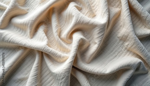 Natural linen fabric with soft beige tone. Wrinkled texture, soft folds. Suitable for fashion design, textile projects. Versatile material for apparel, home decor. Stylish design. Linen looks perfect photo